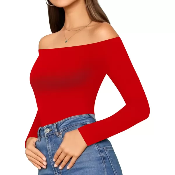 MANGOPOP Womens Off Shoulder Short Sleeve Long Sleeve Tops T Shirt Bodysuit JumpsuitLong Sleeve Red