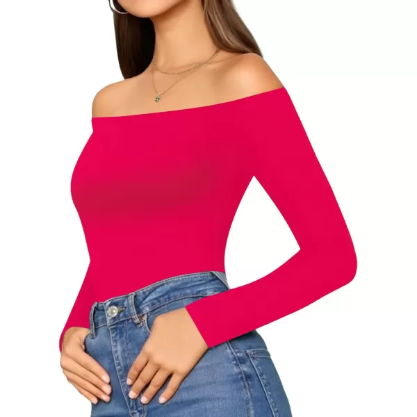 MANGOPOP Womens Off Shoulder Short Sleeve Long Sleeve Tops T Shirt Bodysuit JumpsuitRose Red