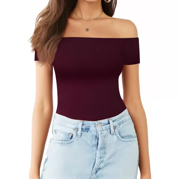 MANGOPOP Womens Off Shoulder Short Sleeve Long Sleeve Tops T Shirt Bodysuit JumpsuitShort Sleeve Burgundy