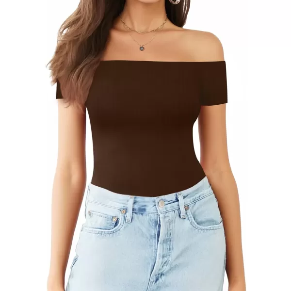 MANGOPOP Womens Off Shoulder Short Sleeve Long Sleeve Tops T Shirt Bodysuit JumpsuitShort Sleeve Coffee