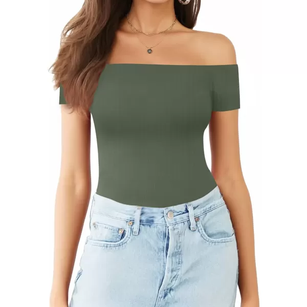 MANGOPOP Womens Off Shoulder Short Sleeve Long Sleeve Tops T Shirt Bodysuit JumpsuitShort Sleeve Gray Green