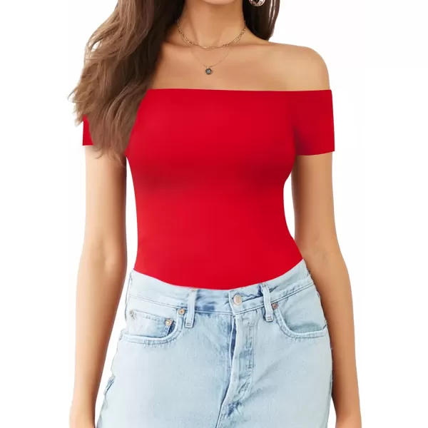 MANGOPOP Womens Off Shoulder Short Sleeve Long Sleeve Tops T Shirt Bodysuit JumpsuitShort Sleeve Red