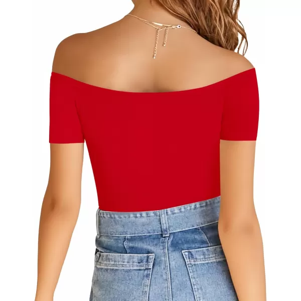 MANGOPOP Womens Off Shoulder Short Sleeve Long Sleeve Tops T Shirt Bodysuit JumpsuitShort Sleeve Red