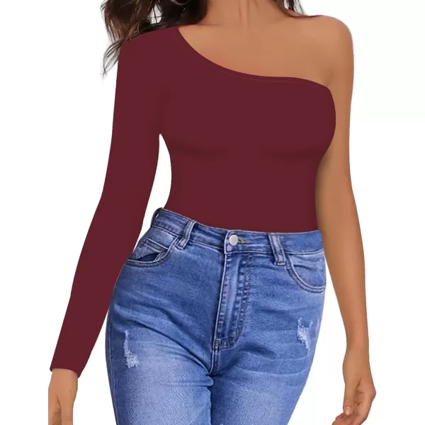 MANGOPOP Womens One Shoulder Off Sleeveless Long Sleeve Tank Top Bodysuit JumpsuitsLong Sleeve Burgundy