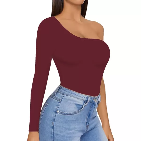 MANGOPOP Womens One Shoulder Off Sleeveless Long Sleeve Tank Top Bodysuit JumpsuitsLong Sleeve Burgundy