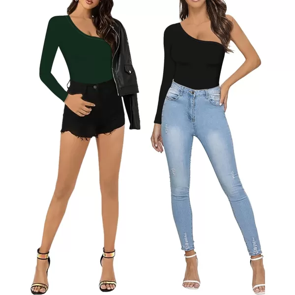 MANGOPOP Womens One Shoulder Off Sleeveless Long Sleeve Tank Top Bodysuit JumpsuitsLong Sleeve Deep Green