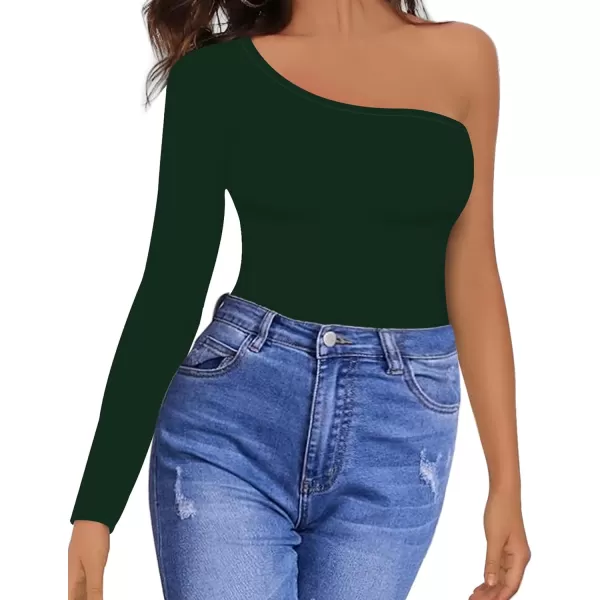 MANGOPOP Womens One Shoulder Off Sleeveless Long Sleeve Tank Top Bodysuit JumpsuitsLong Sleeve Deep Green