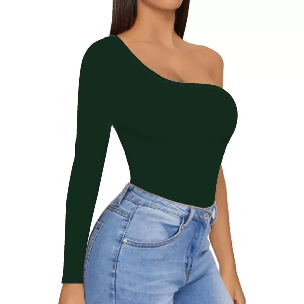 MANGOPOP Womens One Shoulder Off Sleeveless Long Sleeve Tank Top Bodysuit JumpsuitsLong Sleeve Deep Green