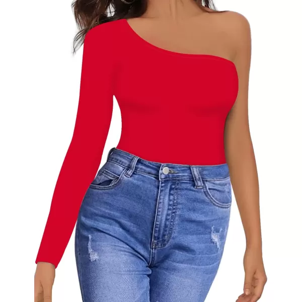 MANGOPOP Womens One Shoulder Off Sleeveless Long Sleeve Tank Top Bodysuit JumpsuitsLong Sleeve Red