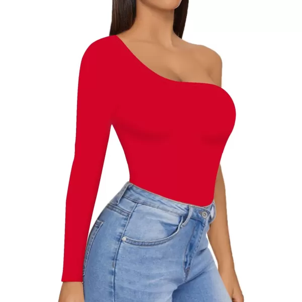 MANGOPOP Womens One Shoulder Off Sleeveless Long Sleeve Tank Top Bodysuit JumpsuitsLong Sleeve Red