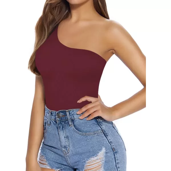 MANGOPOP Womens One Shoulder Off Sleeveless Long Sleeve Tank Top Bodysuit JumpsuitsSleeveless Burgundy