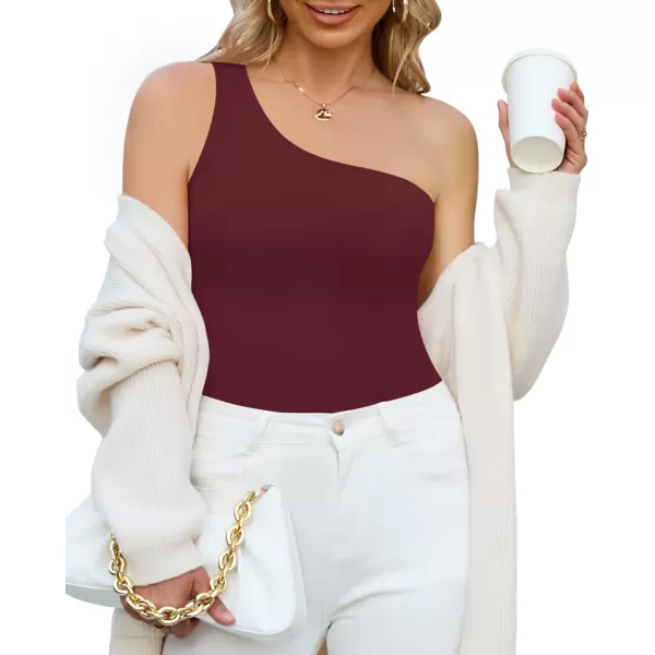 MANGOPOP Womens One Shoulder Off Sleeveless Long Sleeve Tank Top Bodysuit JumpsuitsSleeveless Burgundy