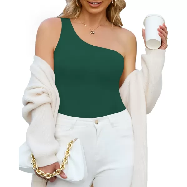 MANGOPOP Womens One Shoulder Off Sleeveless Long Sleeve Tank Top Bodysuit JumpsuitsSleeveless Deep Green