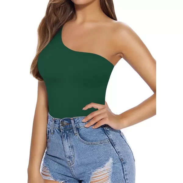 MANGOPOP Womens One Shoulder Off Sleeveless Long Sleeve Tank Top Bodysuit JumpsuitsSleeveless Deep Green