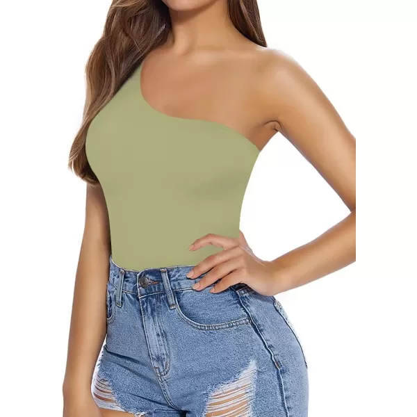 MANGOPOP Womens One Shoulder Off Sleeveless Long Sleeve Tank Top Bodysuit JumpsuitsSleeveless Olive Green