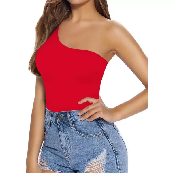 MANGOPOP Womens One Shoulder Off Sleeveless Long Sleeve Tank Top Bodysuit JumpsuitsSleeveless Red