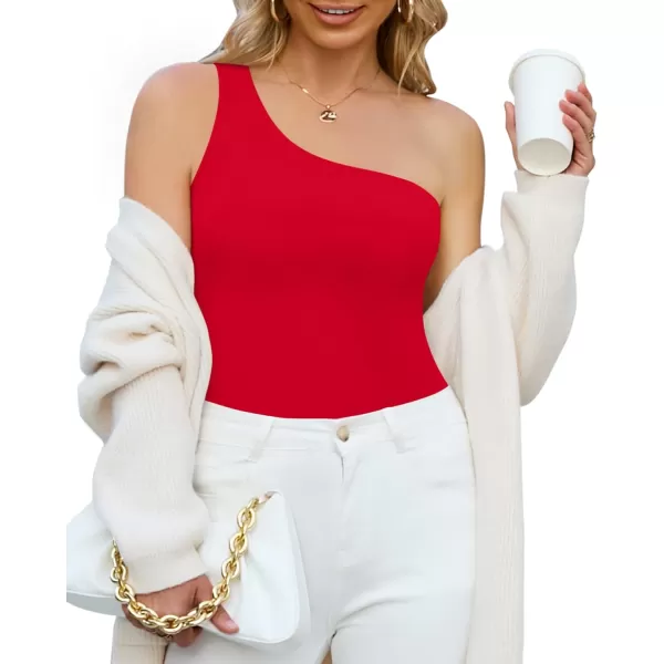 MANGOPOP Womens One Shoulder Off Sleeveless Long Sleeve Tank Top Bodysuit JumpsuitsSleeveless Red