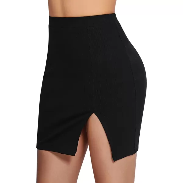 MANGOPOP Womens Ribbed Bodycon Skirt Elastic High Waist Pencil Short Mini SkirtA1 Blackslit