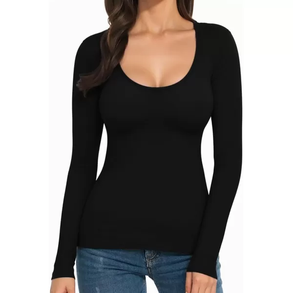 MANGOPOP Womens Scoop Neck Short Sleeve Long Sleeve Slim Fit T Shirt Tunic Tops TeeA Long Sleeve Black