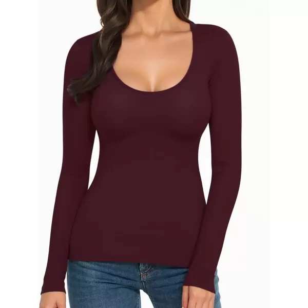 MANGOPOP Womens Scoop Neck Short Sleeve Long Sleeve Slim Fit T Shirt Tunic Tops TeeLong Sleeve Burgundy