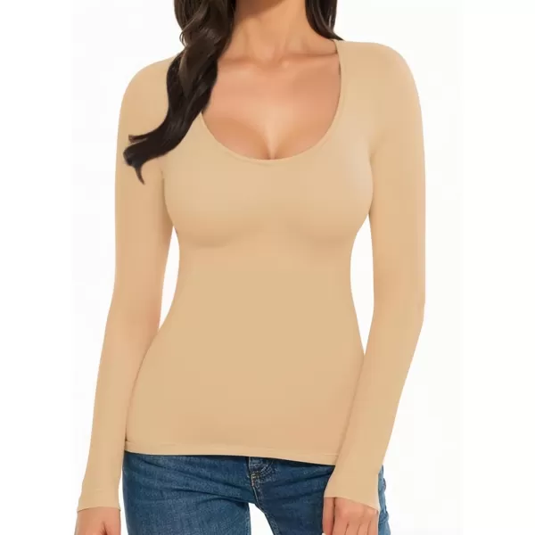 MANGOPOP Womens Scoop Neck Short Sleeve Long Sleeve Slim Fit T Shirt Tunic Tops TeeLong Sleeve Nude