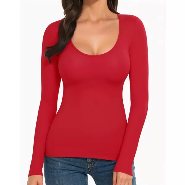 MANGOPOP Womens Scoop Neck Short Sleeve Long Sleeve Slim Fit T Shirt Tunic Tops TeeLong Sleeve Red