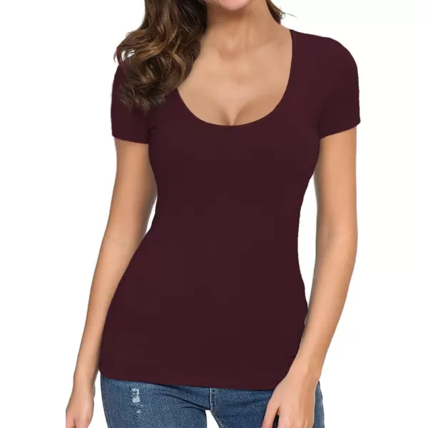 MANGOPOP Womens Scoop Neck Short Sleeve Long Sleeve Slim Fit T Shirt Tunic Tops TeeShort Sleeve Burgundy