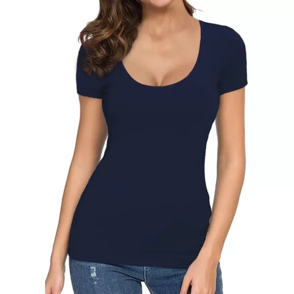 MANGOPOP Womens Scoop Neck Short Sleeve Long Sleeve Slim Fit T Shirt Tunic Tops TeeShort Sleeve Deep Blue