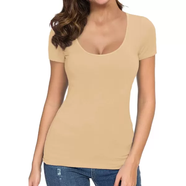 MANGOPOP Womens Scoop Neck Short Sleeve Long Sleeve Slim Fit T Shirt Tunic Tops TeeShort Sleeve Nude