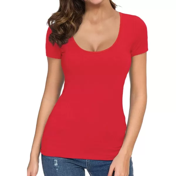 MANGOPOP Womens Scoop Neck Short Sleeve Long Sleeve Slim Fit T Shirt Tunic Tops TeeShort Sleeve Red