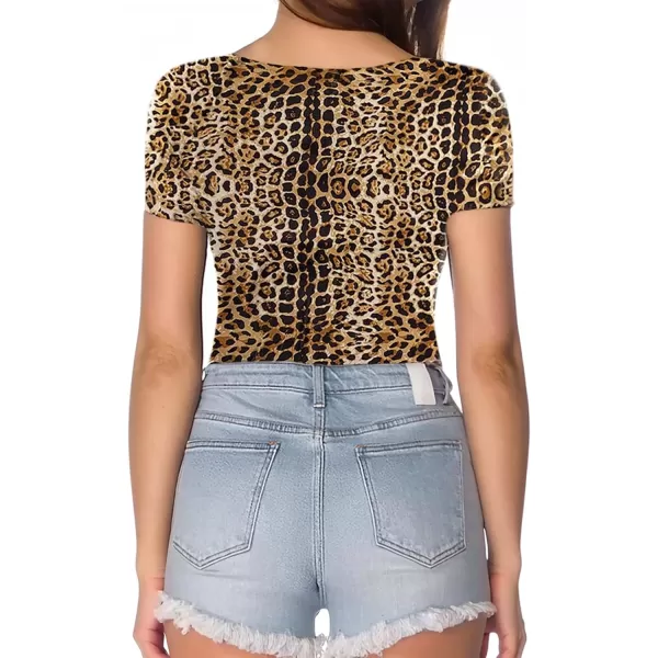 MANGOPOP Womens Scoop Neck Short Sleeve Long Sleeve Stretchy Basic Bodysuit ShirtD1 Short Sleeve 3leopard