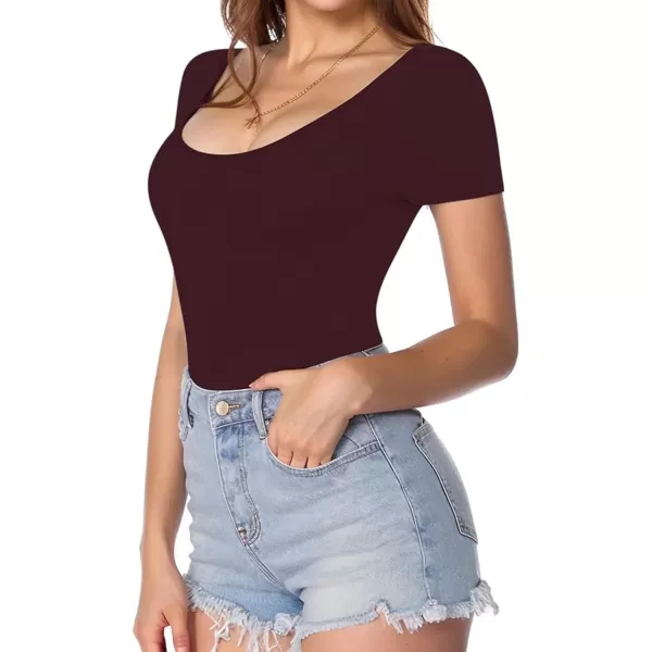 MANGOPOP Womens Scoop Neck Short Sleeve Long Sleeve Stretchy Basic Bodysuit ShirtD1 Short Sleeve Burgundy