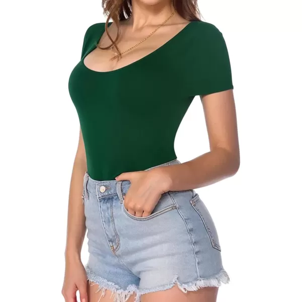 MANGOPOP Womens Scoop Neck Short Sleeve Long Sleeve Stretchy Basic Bodysuit ShirtD1 Short Sleeve Deep Green