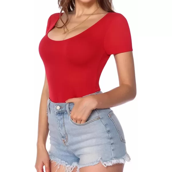 MANGOPOP Womens Scoop Neck Short Sleeve Long Sleeve Stretchy Basic Bodysuit ShirtD1 Short Sleeve Red