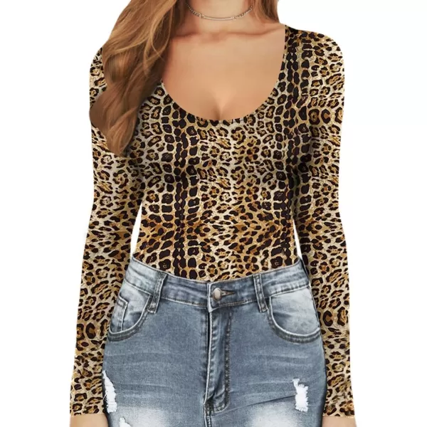 MANGOPOP Womens Scoop Neck Short Sleeve Long Sleeve Stretchy Basic Bodysuit ShirtLong Sleeve 3leopard