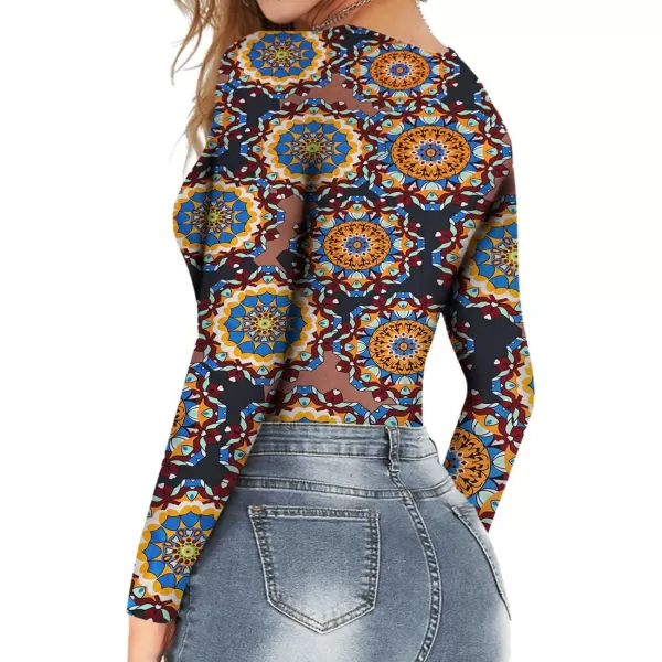 MANGOPOP Womens Scoop Neck Short Sleeve Long Sleeve Stretchy Basic Bodysuit ShirtLong Sleeve 3mandala