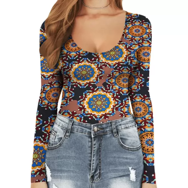 MANGOPOP Womens Scoop Neck Short Sleeve Long Sleeve Stretchy Basic Bodysuit ShirtLong Sleeve 3mandala