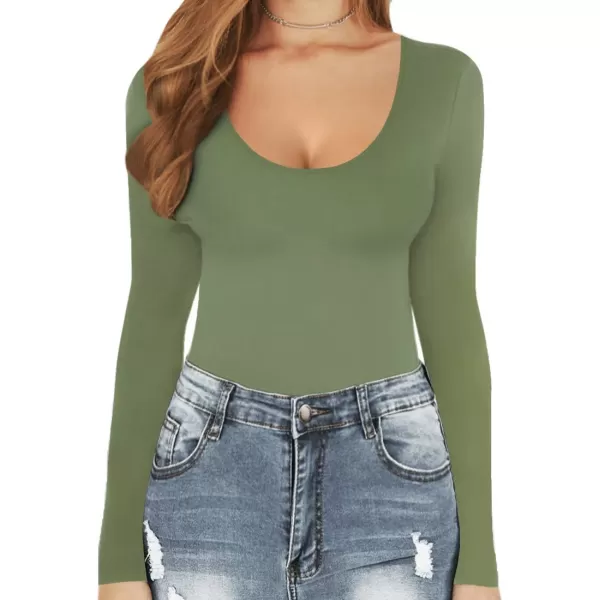 MANGOPOP Womens Scoop Neck Short Sleeve Long Sleeve Stretchy Basic Bodysuit ShirtLong Sleeve Army Green