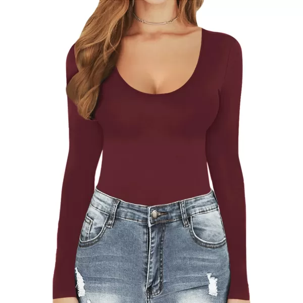 MANGOPOP Womens Scoop Neck Short Sleeve Long Sleeve Stretchy Basic Bodysuit ShirtLong Sleeve Burgundy