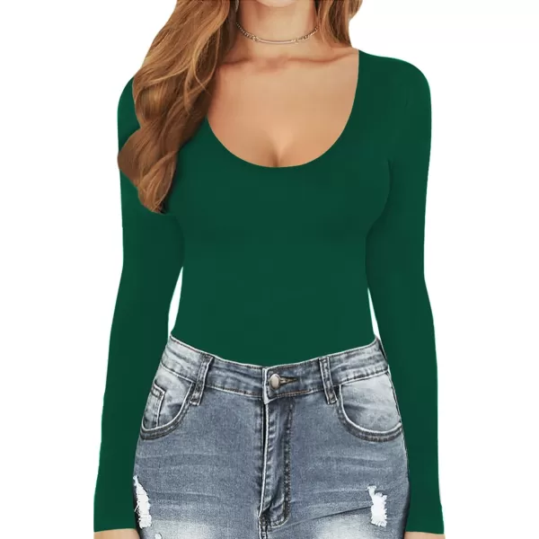 MANGOPOP Womens Scoop Neck Short Sleeve Long Sleeve Stretchy Basic Bodysuit ShirtLong Sleeve Deep Green