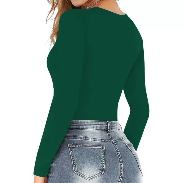 MANGOPOP Womens Scoop Neck Short Sleeve Long Sleeve Stretchy Basic Bodysuit ShirtLong Sleeve Deep Green