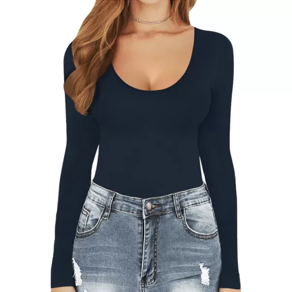 MANGOPOP Womens Scoop Neck Short Sleeve Long Sleeve Stretchy Basic Bodysuit ShirtLong Sleeve Navy Blue