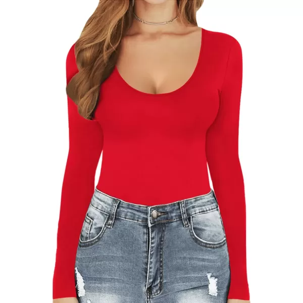 MANGOPOP Womens Scoop Neck Short Sleeve Long Sleeve Stretchy Basic Bodysuit ShirtLong Sleeve Red