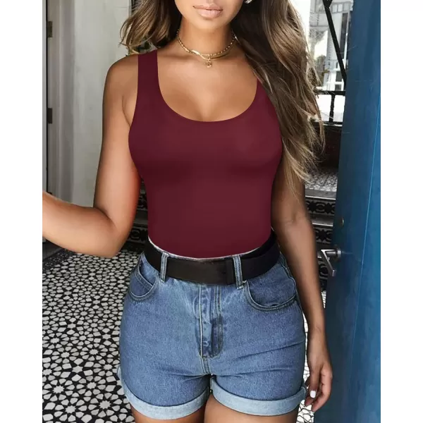 MANGOPOP Womens Scoop Neck Sleeveless Tank Top Bodysuits Sexy Backless Ribbed Body Suits JumpsuitScoop Neck Burgundy