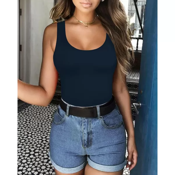 MANGOPOP Womens Scoop Neck Sleeveless Tank Top Bodysuits Sexy Backless Ribbed Body Suits JumpsuitScoop Neck Navy Blue