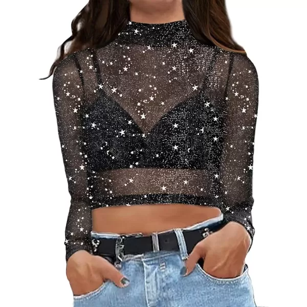 MANGOPOP Womens Short Sleeve Long Sleeve Sheer Mesh Crop Tops Tee Shirt Blouse1058s Silver Glitter