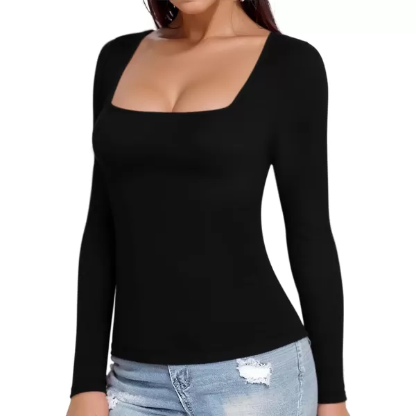 MANGOPOP Womens Short Sleeve Long Sleeve Square Neck T Shirts Tops TeesA Long Sleeve Black