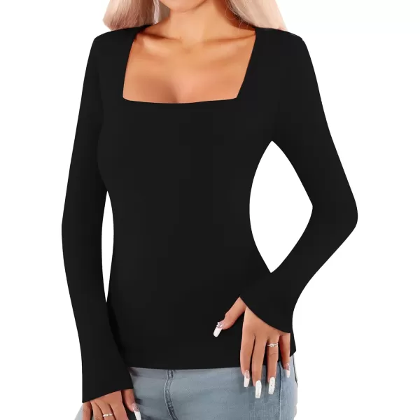 MANGOPOP Womens Short Sleeve Long Sleeve Square Neck T Shirts Tops TeesC Long Sleeve Black Fleece Lined