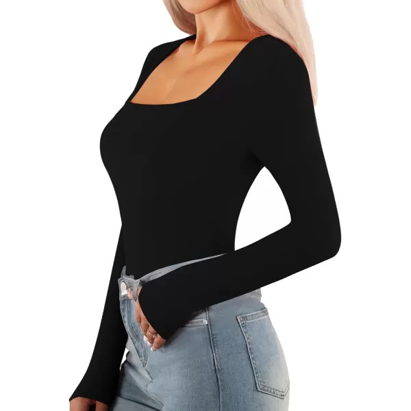 MANGOPOP Womens Short Sleeve Long Sleeve Square Neck T Shirts Tops TeesC Long Sleeve Black Fleece Lined