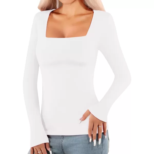 MANGOPOP Womens Short Sleeve Long Sleeve Square Neck T Shirts Tops TeesC Long Sleeve White Fleece Lined